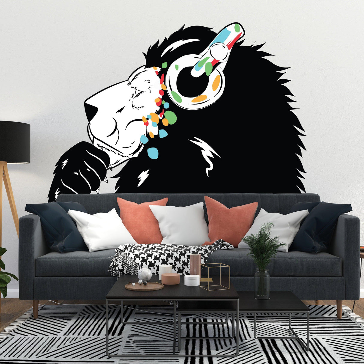 Lion wall sticker featuring a colorful lion's head with headphones, adding a stylish touch to modern decor.