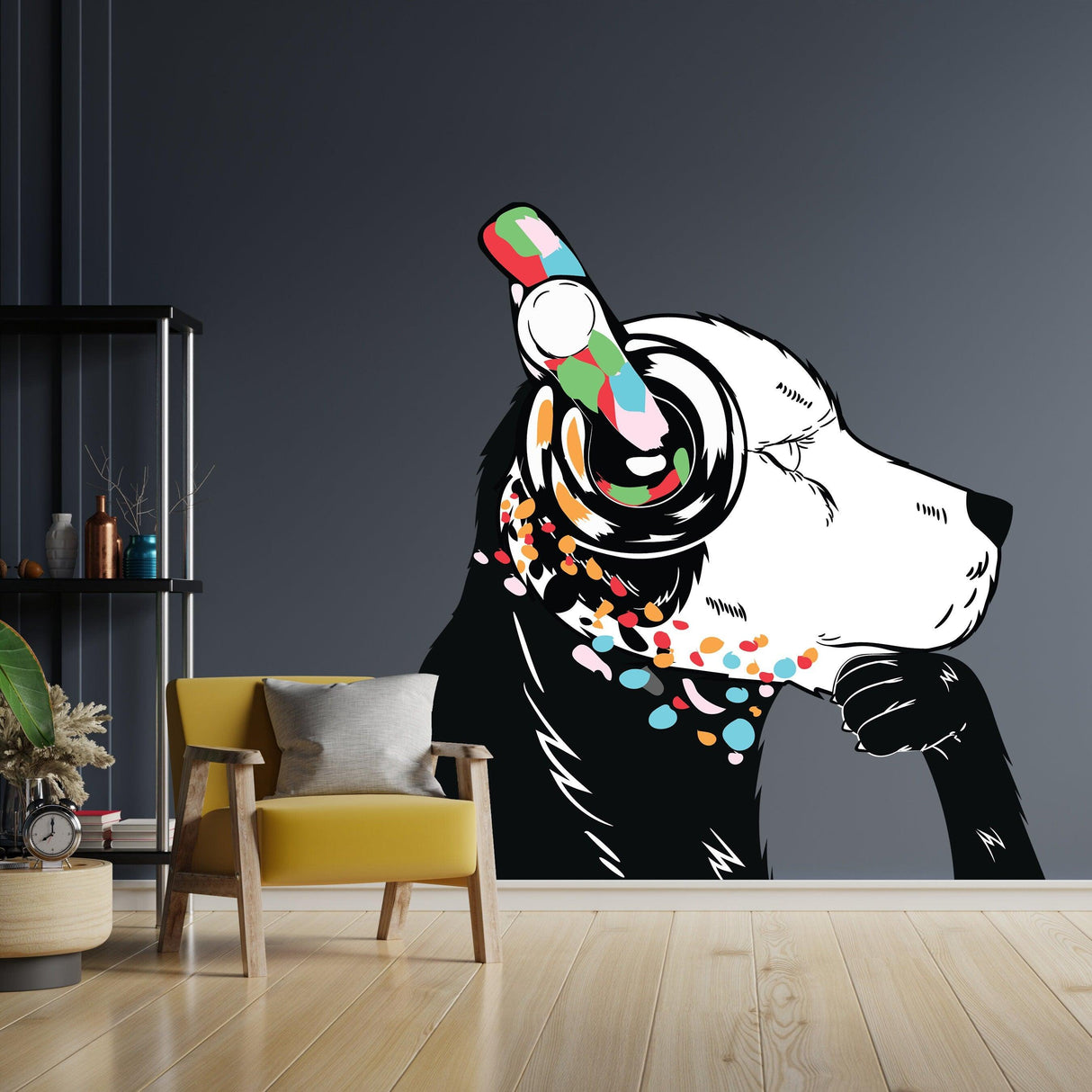 Dog in headphones wall decal, colorful urban style sticker, inspired by Banksy graffiti art.