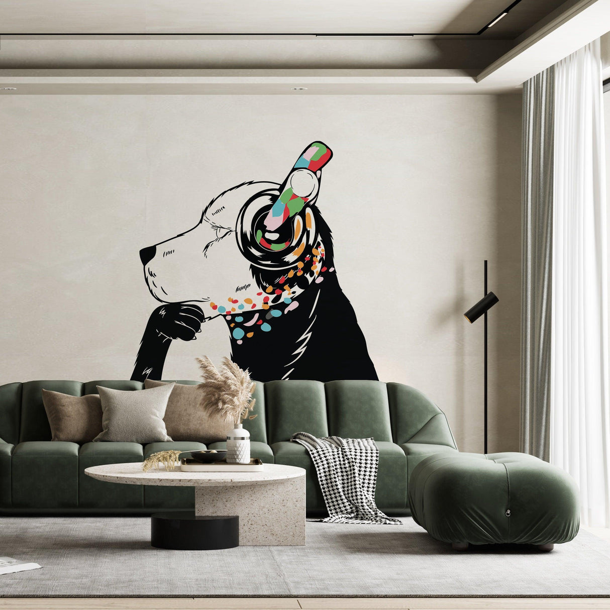 Thinking Dog Sticker wall decal featuring a dog with headphones and colorful designs, ideal for home decor.