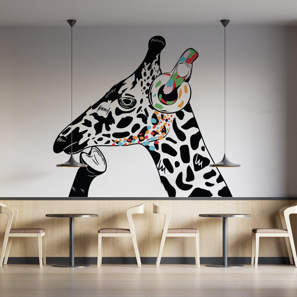 Colorful giraffe wall decal with headphones, inspired by Banksy, perfect for adding whimsy to modern decor.
