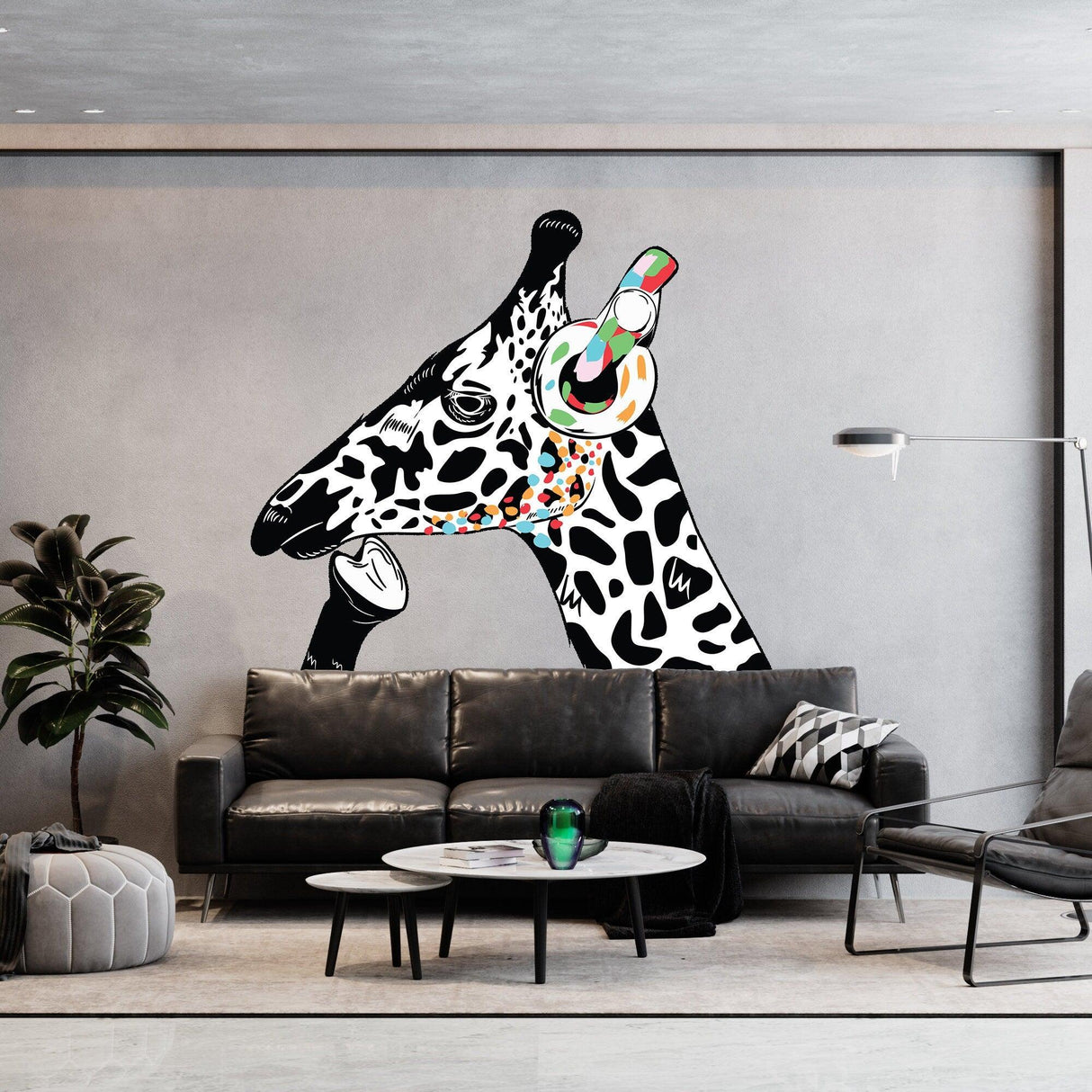 Giraffe in headphones wall sticker in modern living room, inspired by Banksy graffiti art.