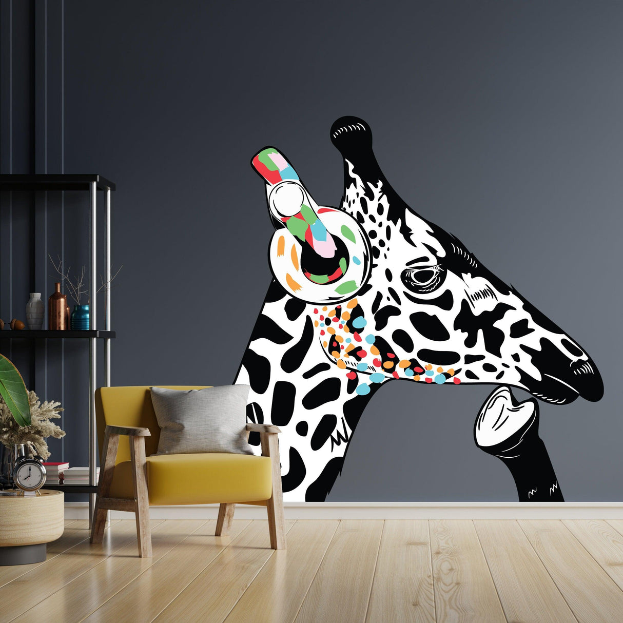 Whimsical giraffe in headphones wall decal in modern living room decor, inspired by Banksy graffiti.