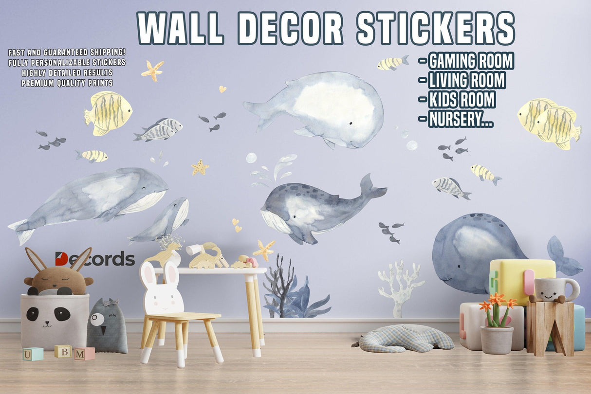 Whimsical sea whales wall sticker in a colorful kids room, perfect for baby boys, featuring friendly fish and bubbles decor.
