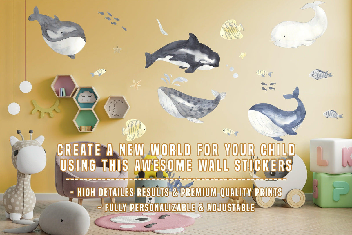Ocean whales wall sticker for kids room decor, featuring vibrant marine life and playful design for a nursery.