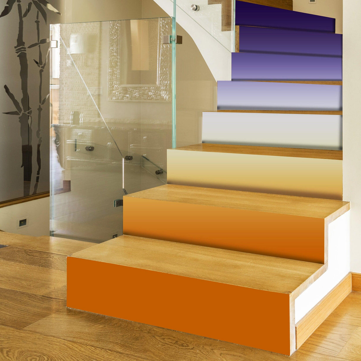 Gradient color self-adhesive stairs risers stickers on a wooden staircase, enhancing home decor with vibrant hues.