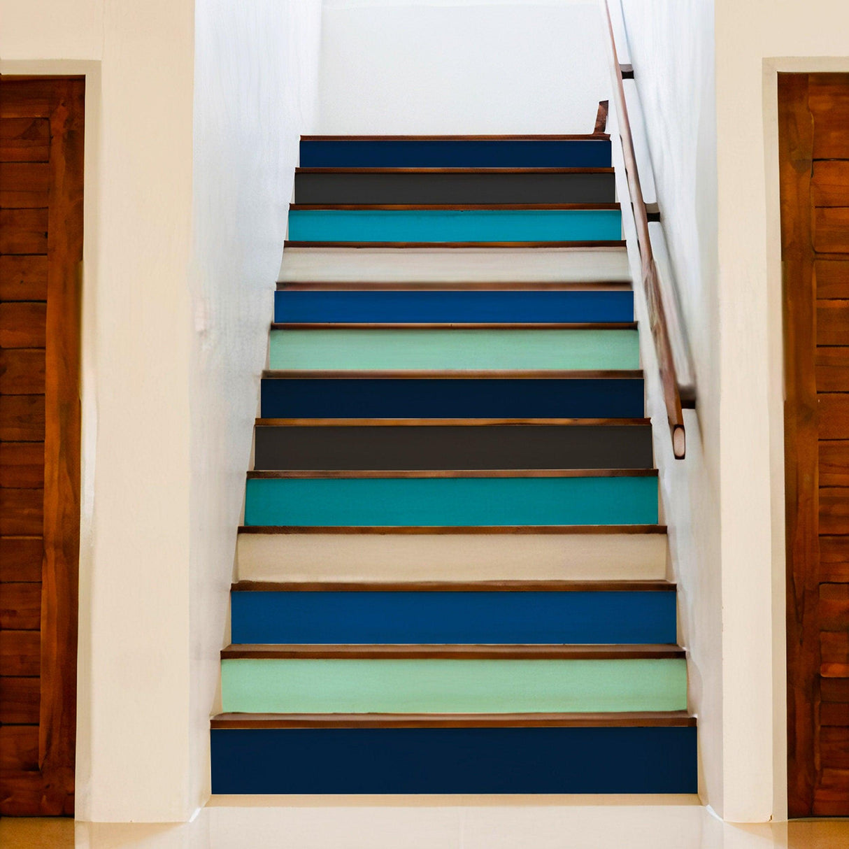 Gradient color self-adhesive stairs risers stickers on staircase, enhancing interior decor.