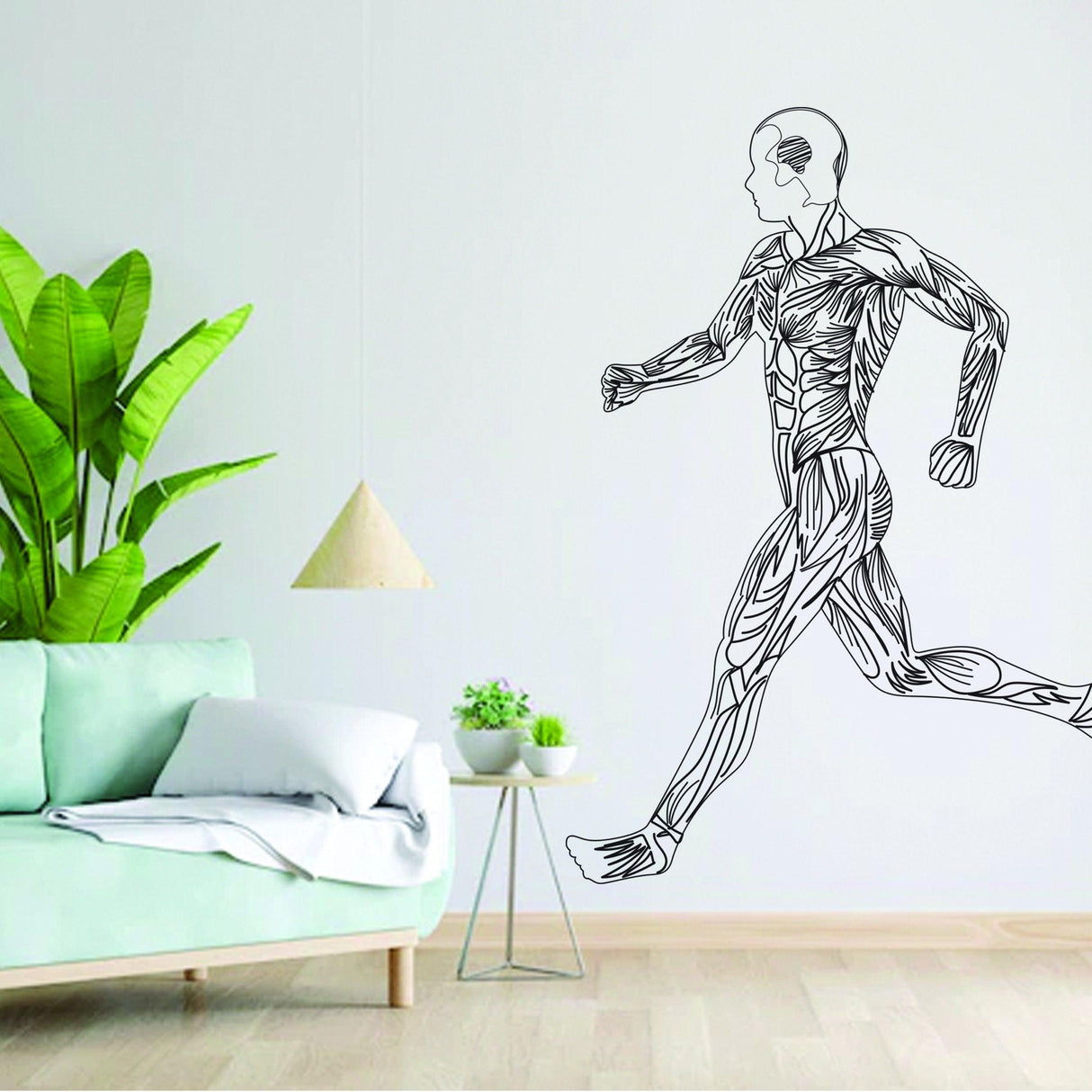 Sleek fitness wall sticker of a running figure, perfect for home workout decor in a stylish living space.