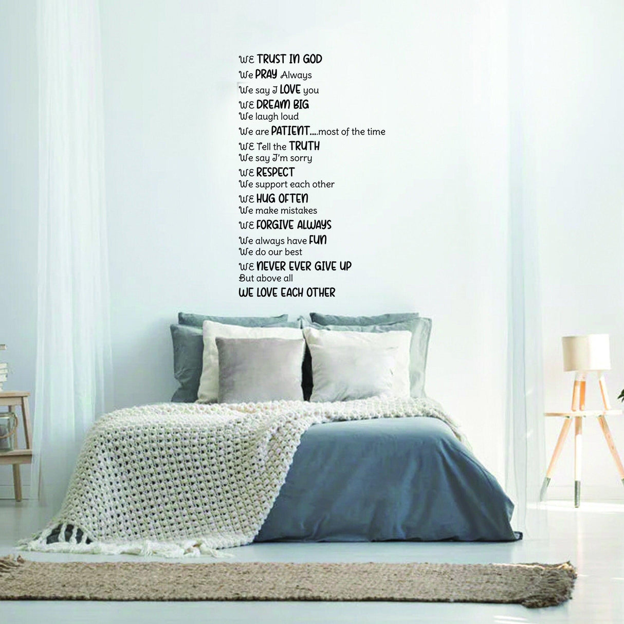 Inspirational Christian wall vinyl sticker with uplifting Bible quotes in a cozy bedroom setting.