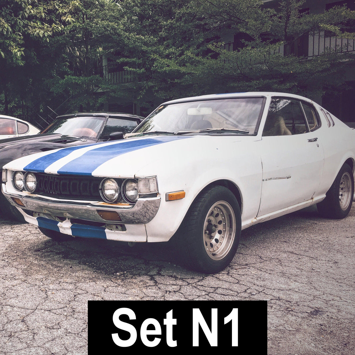 Classic car with blue racing stripes parked outdoors, showcasing a stylish vinyl decal design.