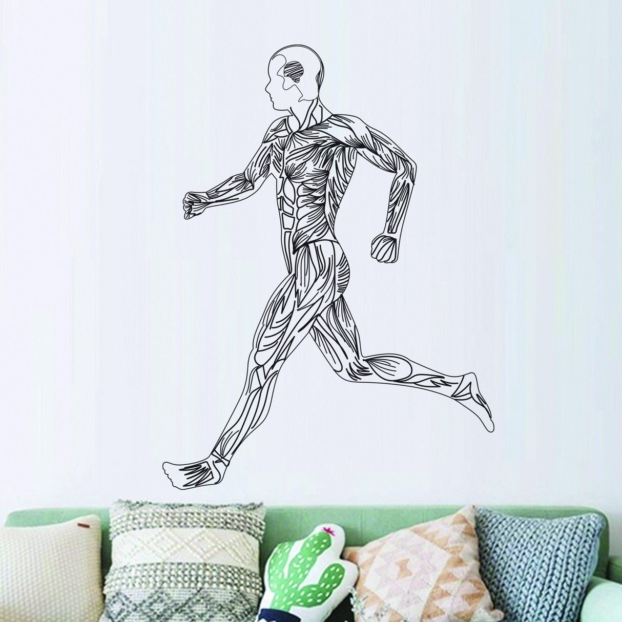Sleek black line art fitness wall sticker of a running muscular figure, perfect for home gym decor.