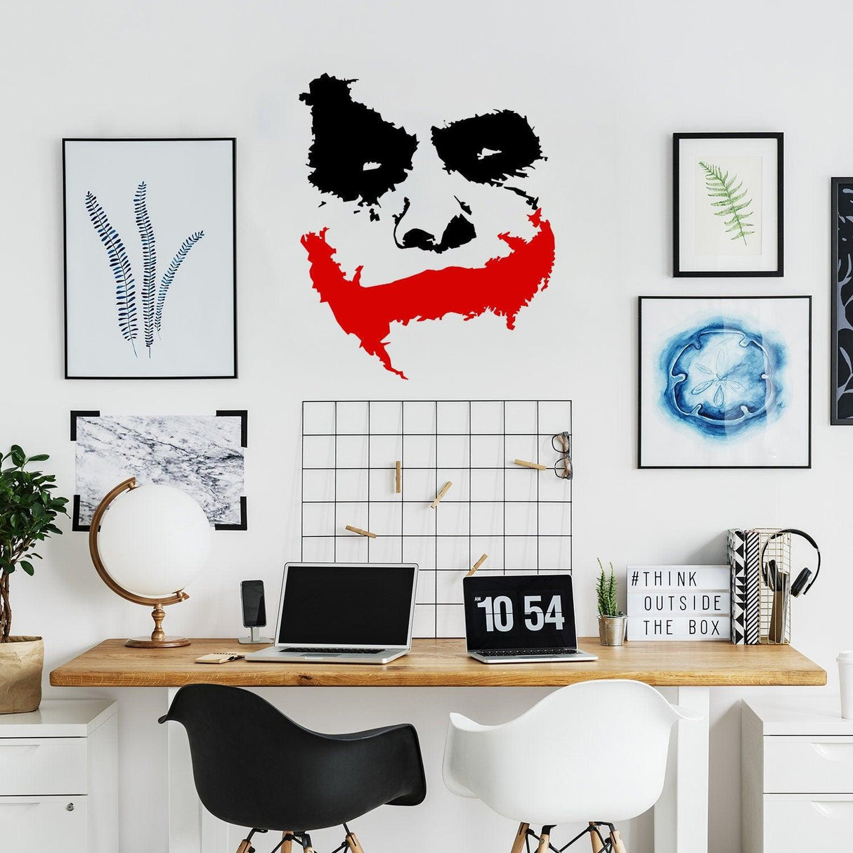 Joker wall sticker decor featuring a funny smiling clown face on a stylish home office wall.