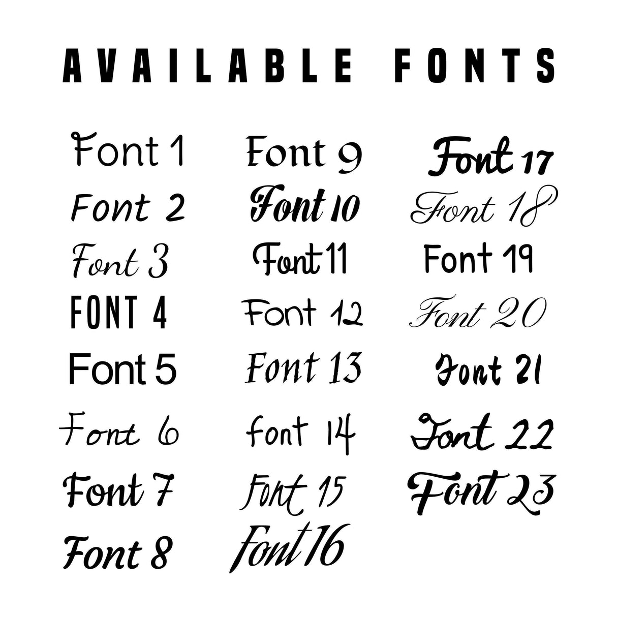 List of available fonts for personalized return address labels, showcasing various styles and designs.