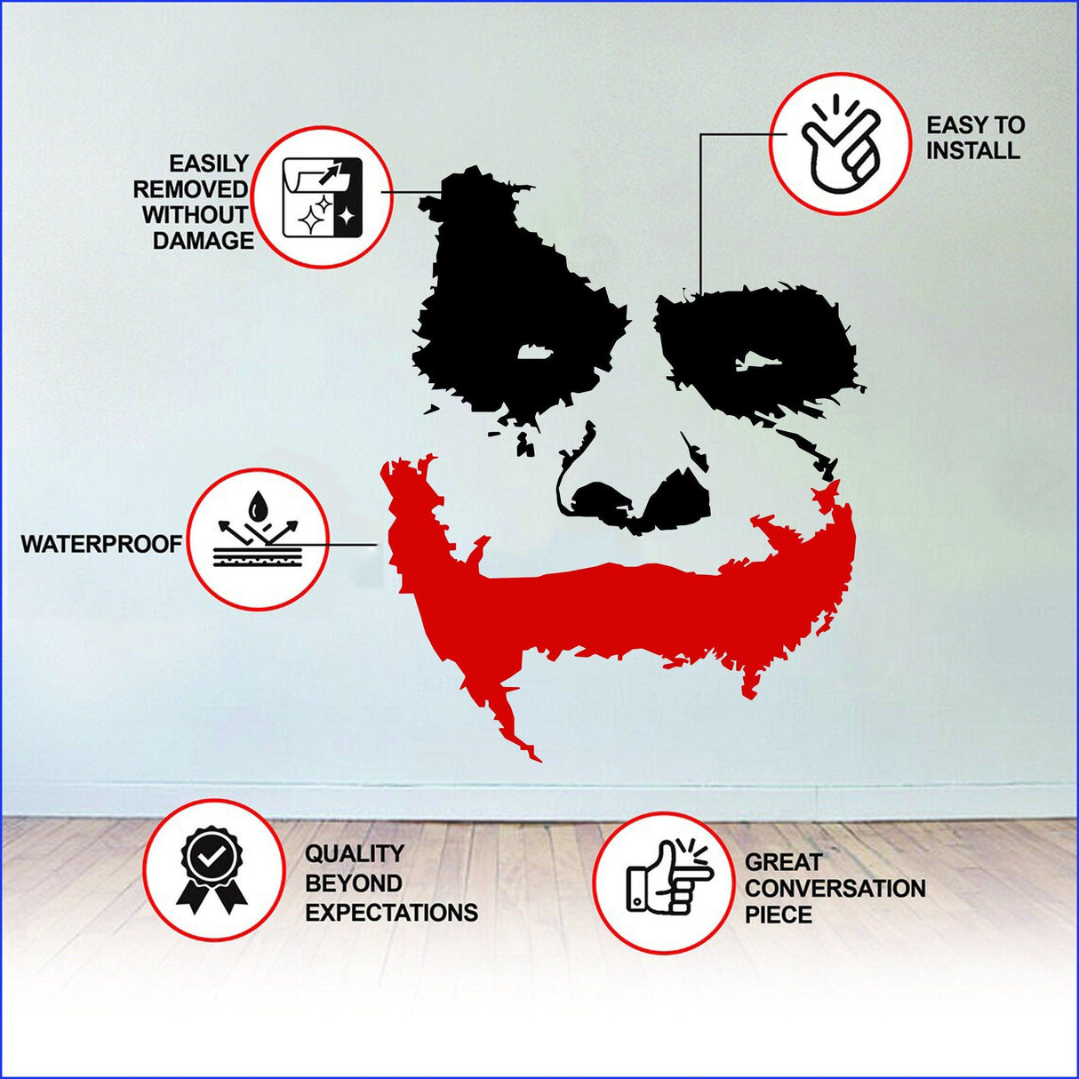 Joker wall sticker features smiling clown face, waterproof, easy to install, and removable without damage.