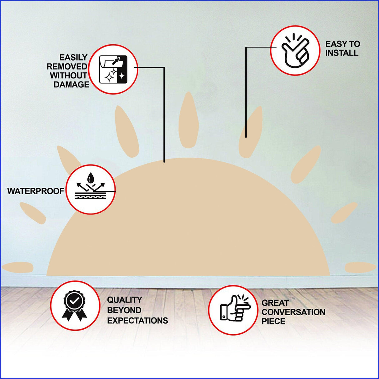 Infographic showcasing features of Sunshine Delight Vinyl Wall Sticker: waterproof, easy to install, removable, and a conversation piece.