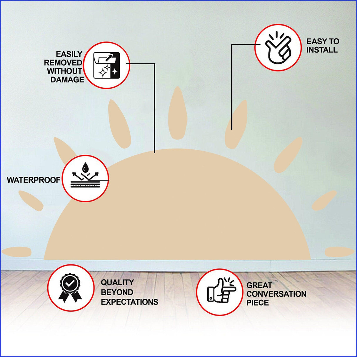 Features of Boho Sun Wall Decal: waterproof, easy to install, removable without damage, quality, great conversation piece.