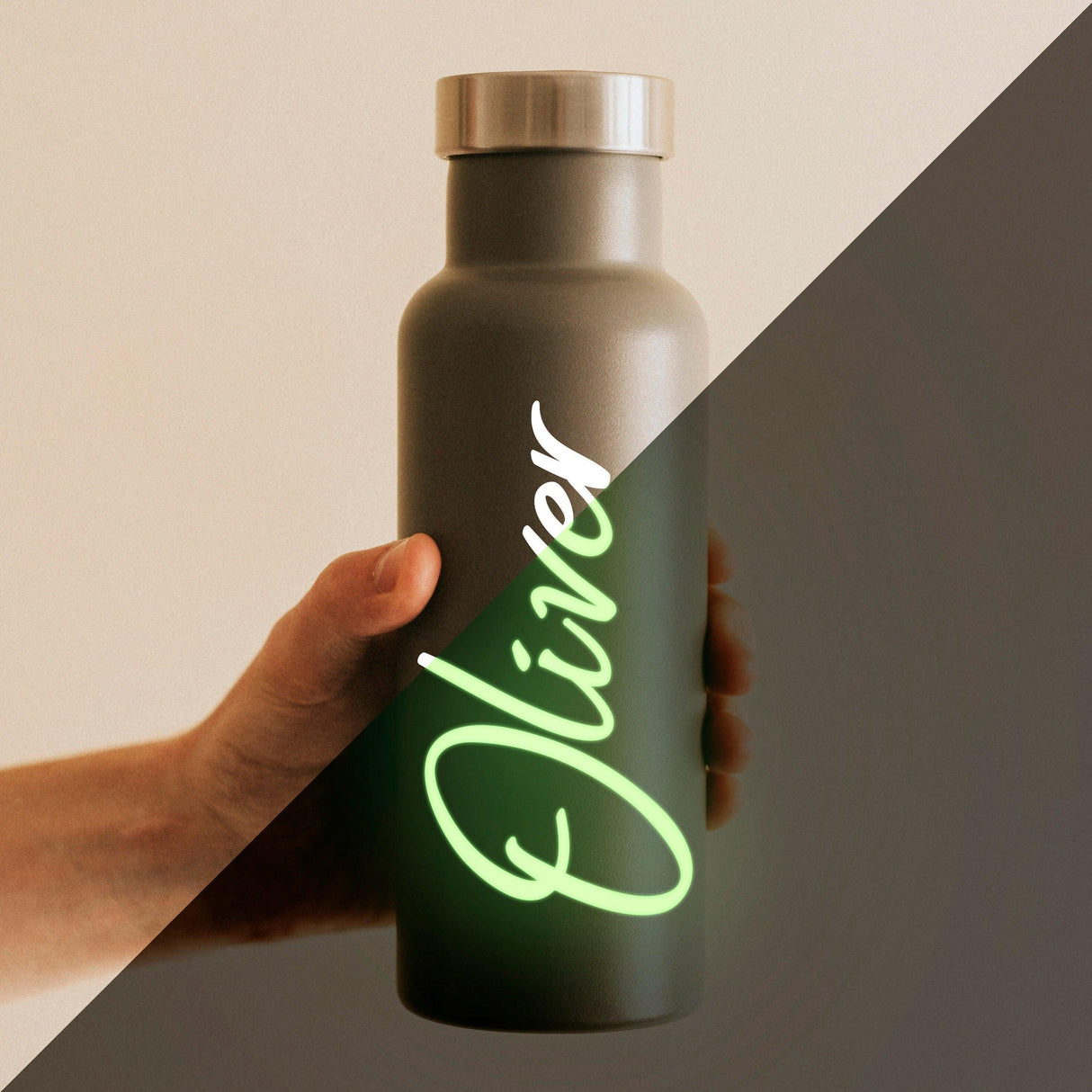 Personalized glow in the dark vinyl name decal on a water bottle, showing the name Oliver.