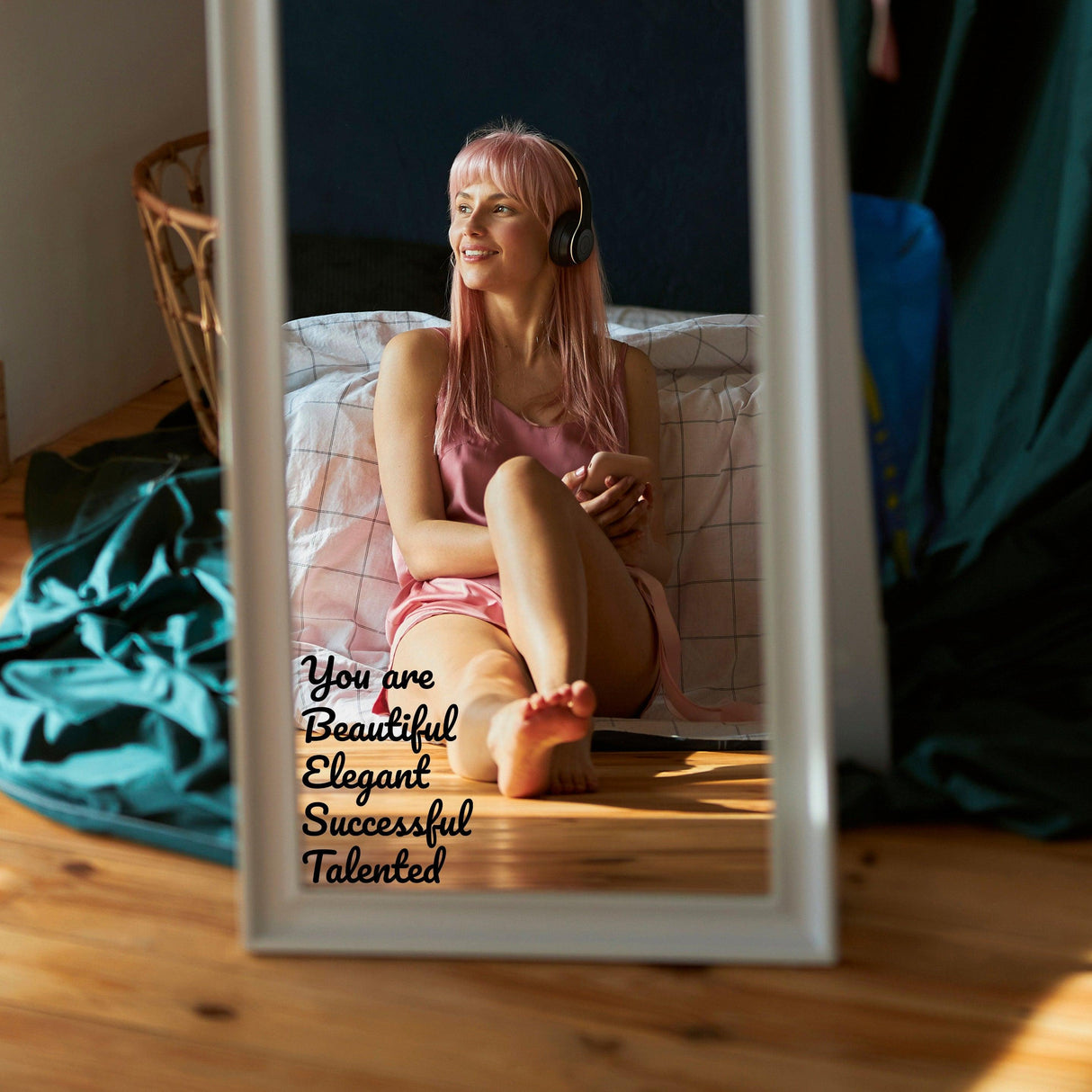 Woman with pink hair in headphones sitting by a mirror displaying inspirational self-love affirmations.