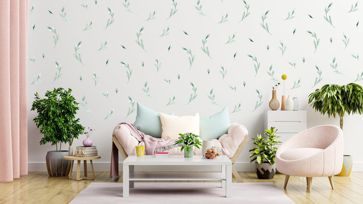 Stylish living room featuring Olive Botanical Vinyl Wall Stickers for a natural and sophisticated decor.