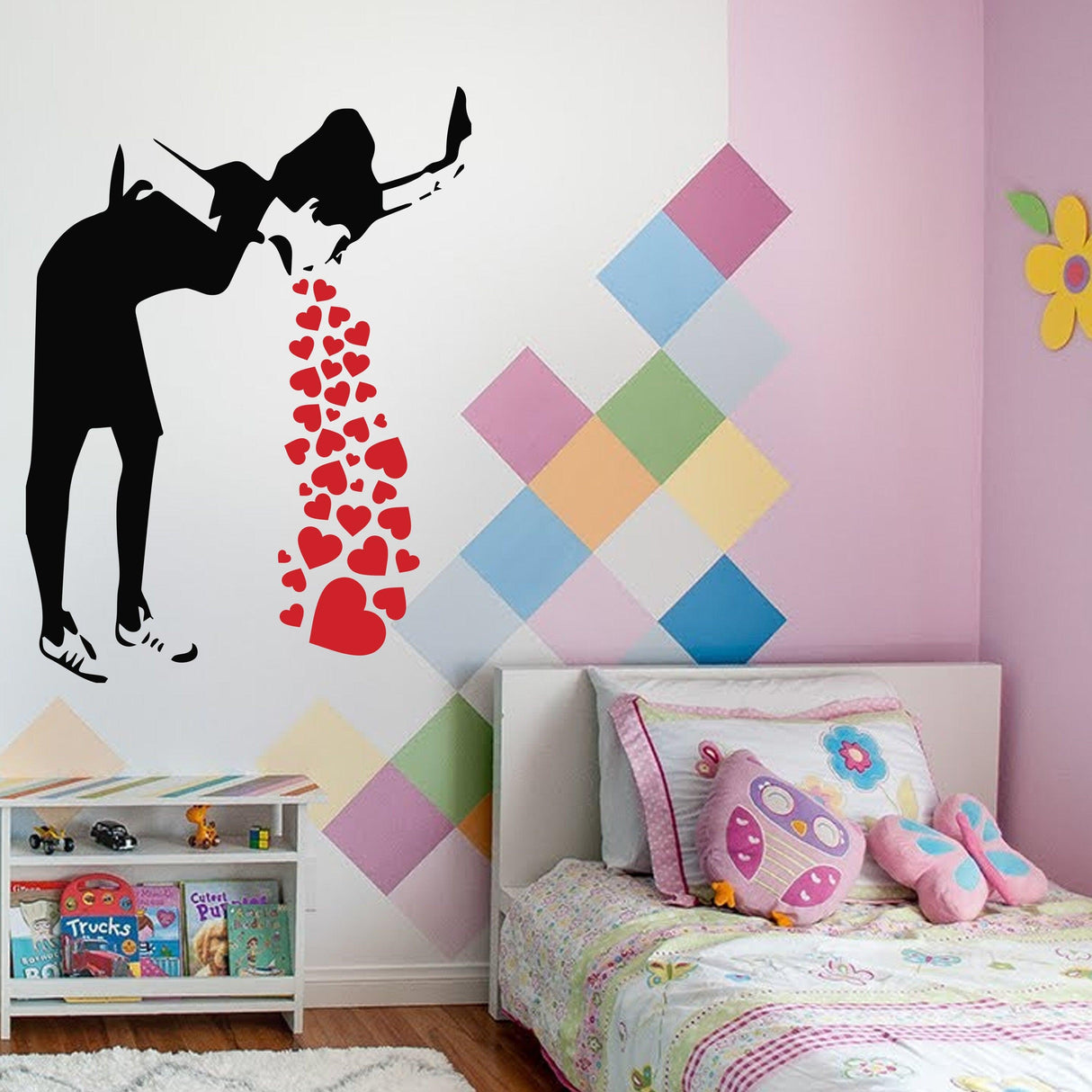 Black silhouette of Love Sick Girl wall decal with red hearts, adding urban art to a colorful bedroom decor.