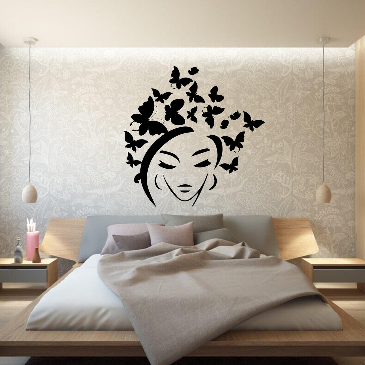 Butterfly wall decal decor featuring a woman's silhouette with butterflies in her hair, perfect for home interiors.