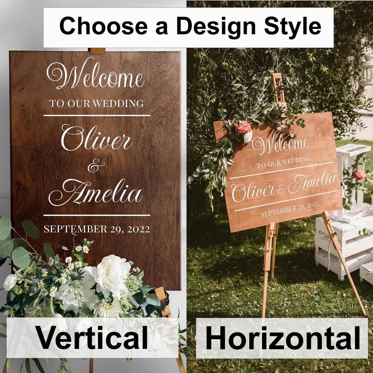 Personalized wedding welcome sign design options, vertical and horizontal styles, featuring names Oliver and Amelia.