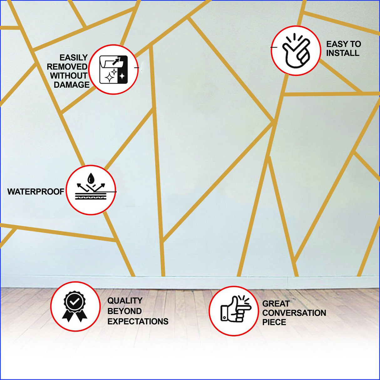 Infographic showcasing Gold Thin Line Stickers features: easy to install, waterproof, removable without damage, high quality.