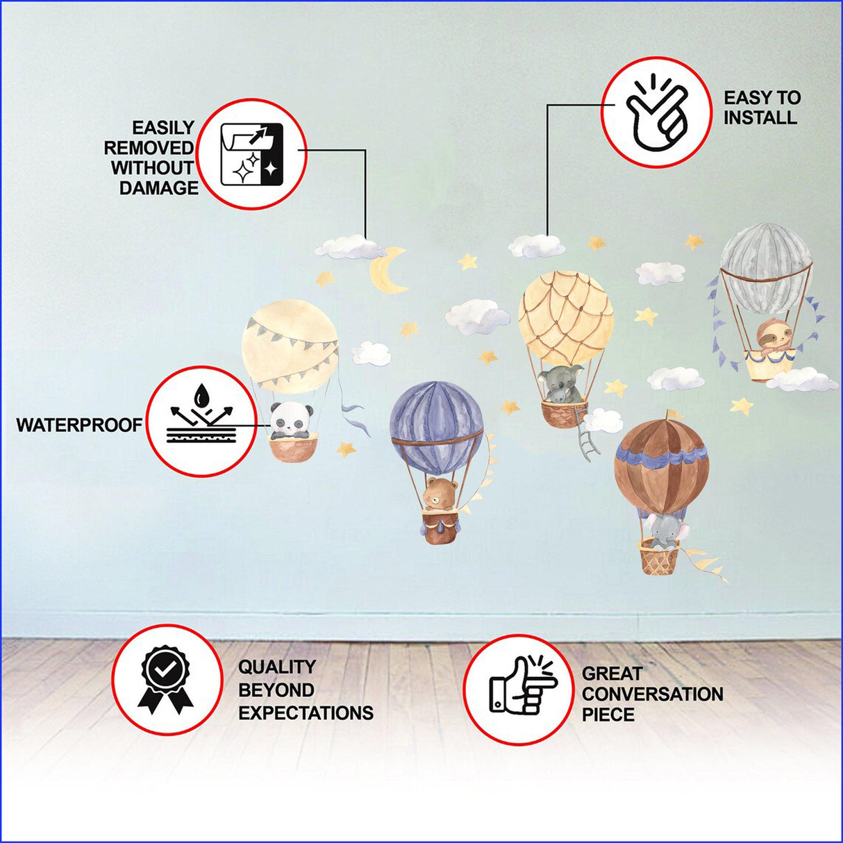Hot air balloon wall stickers with animals, waterproof, easy to install, quality decals for nursery decor.