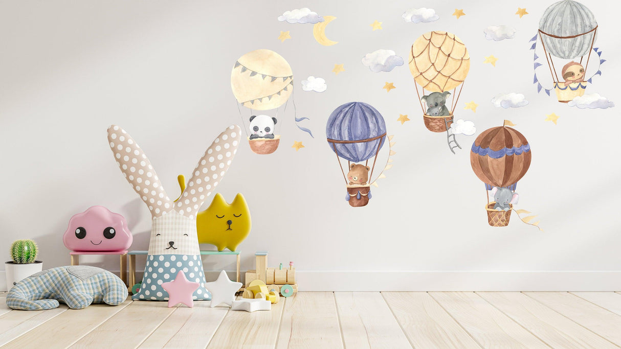 Colorful hot air balloon wall stickers with animals, clouds, and stars, perfect for nursery decor.