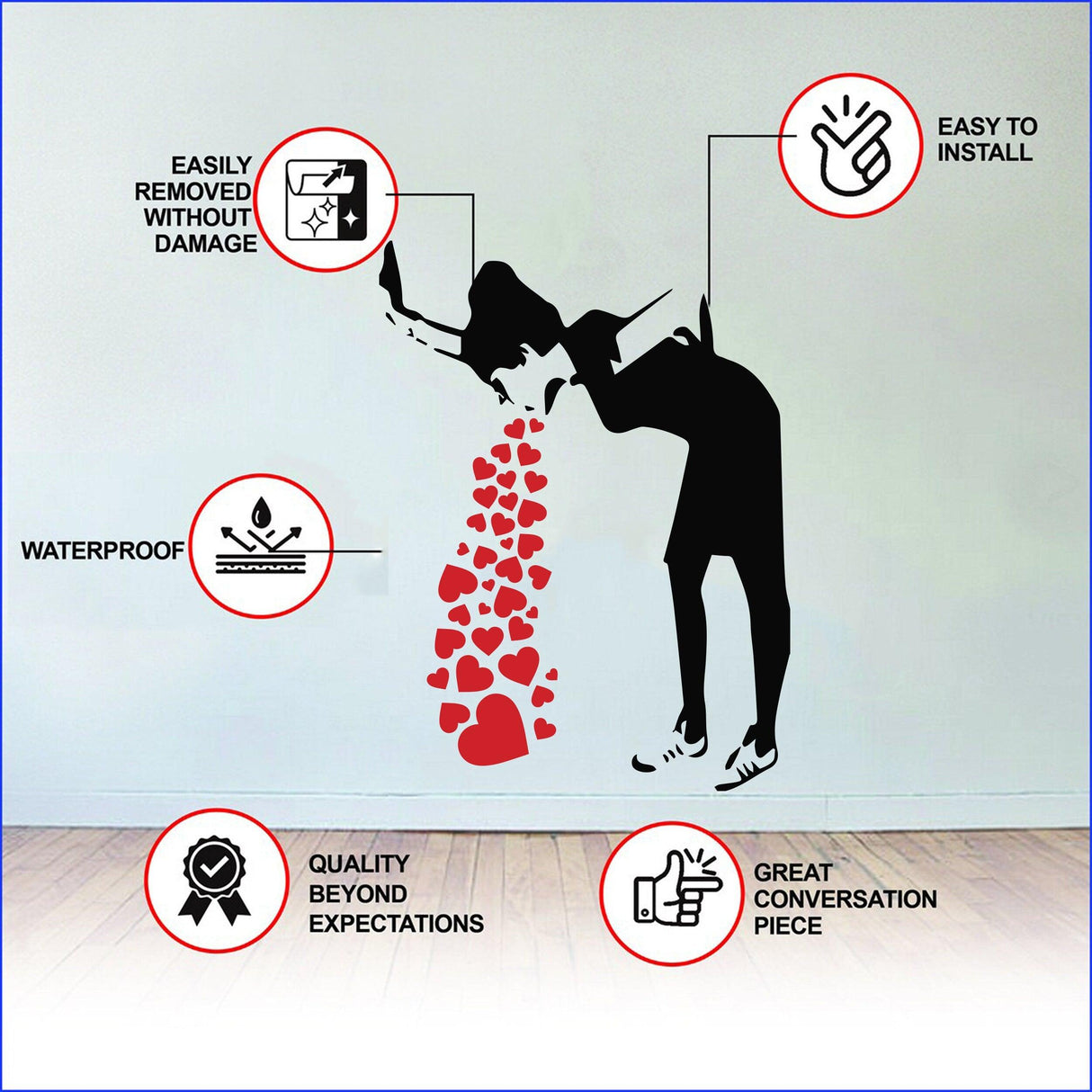 Banksy lovesick girl wall decal with hearts; waterproof, easy to install, removable, and a great conversation piece.