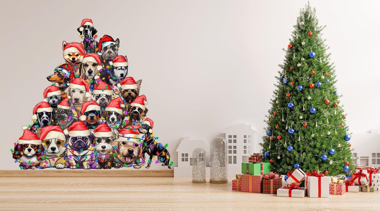 Funny Christmas tree wall decal featuring dogs in Santa hats, perfect for kids' rooms and holiday decor.