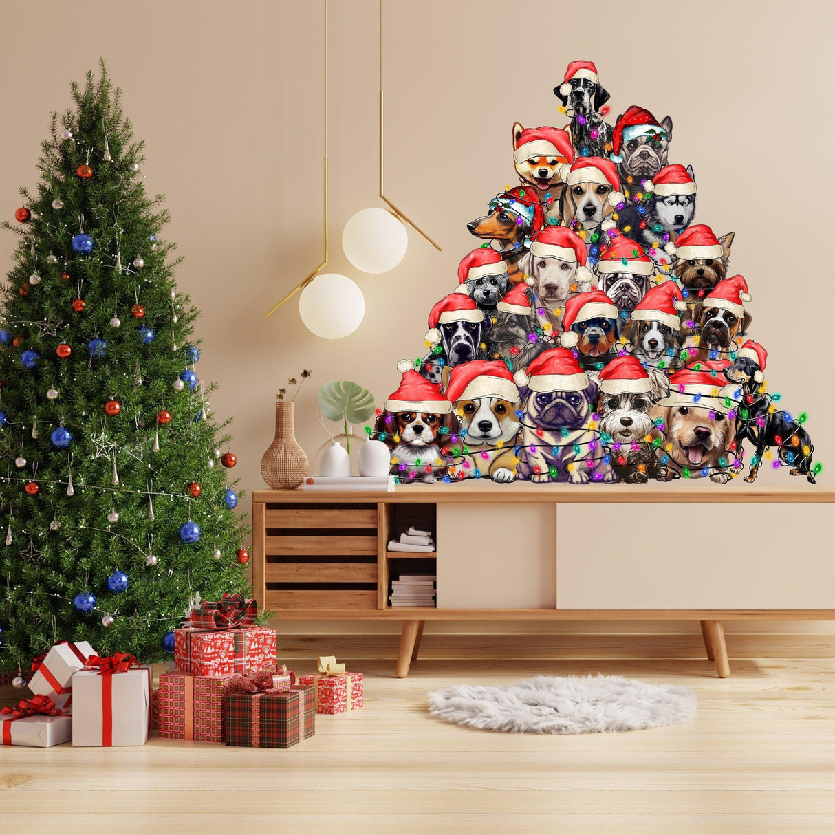 Whimsical canine Christmas tree wall sticker with playful dogs in Santa hats, festive holiday decor for dog lovers.