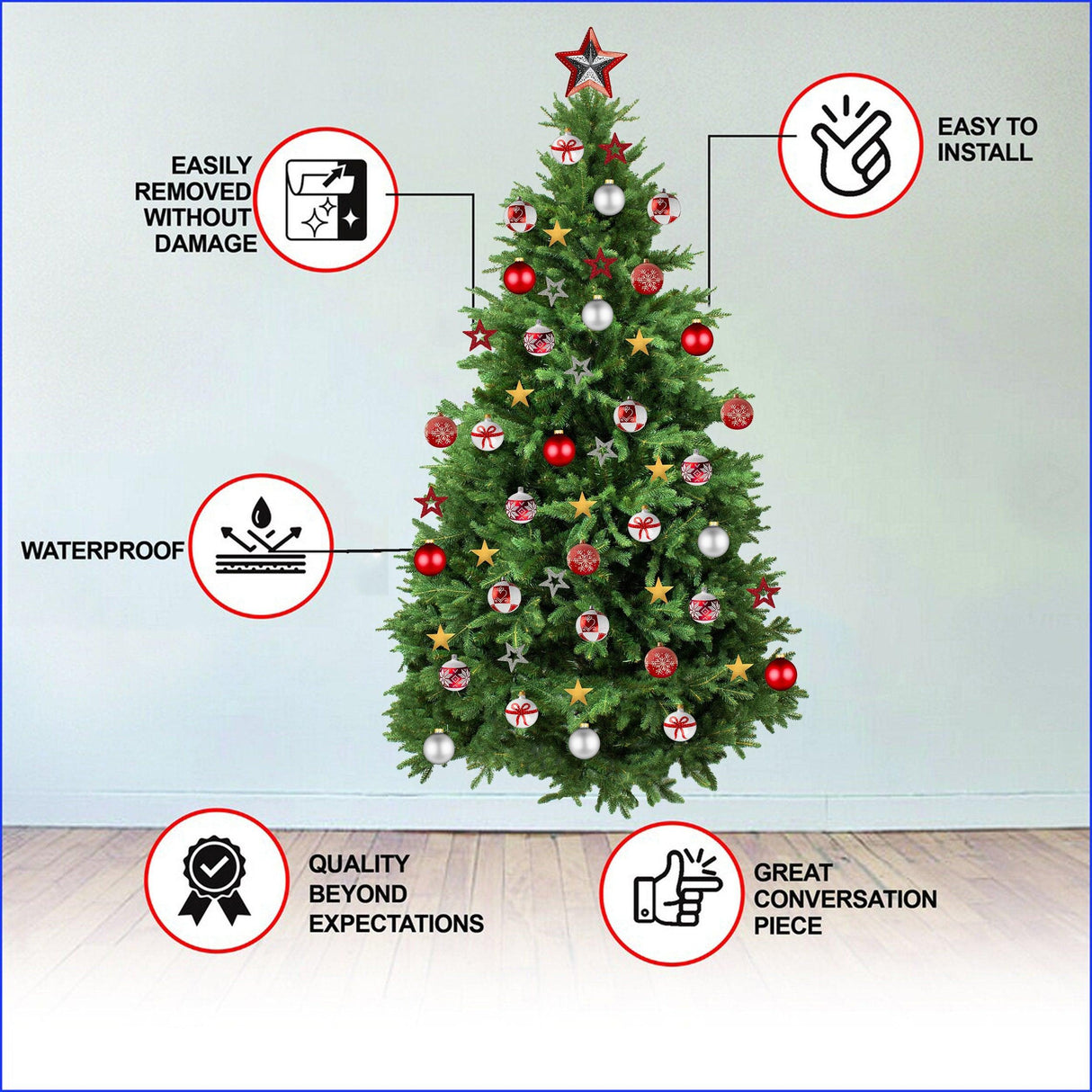 Christmas Tree Wall Vinyl Decal with ornaments, waterproof, easy to install, quality design, and removable without damage.