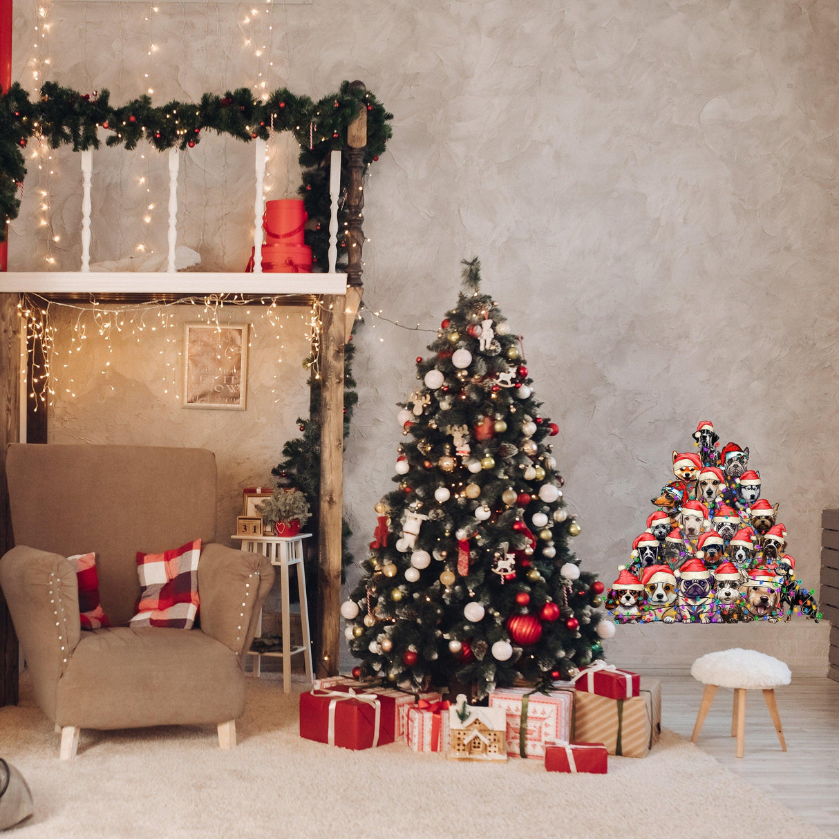 Funny Christmas tree vinyl decal with dogs in Santa hats beside a beautifully decorated tree and gifts.