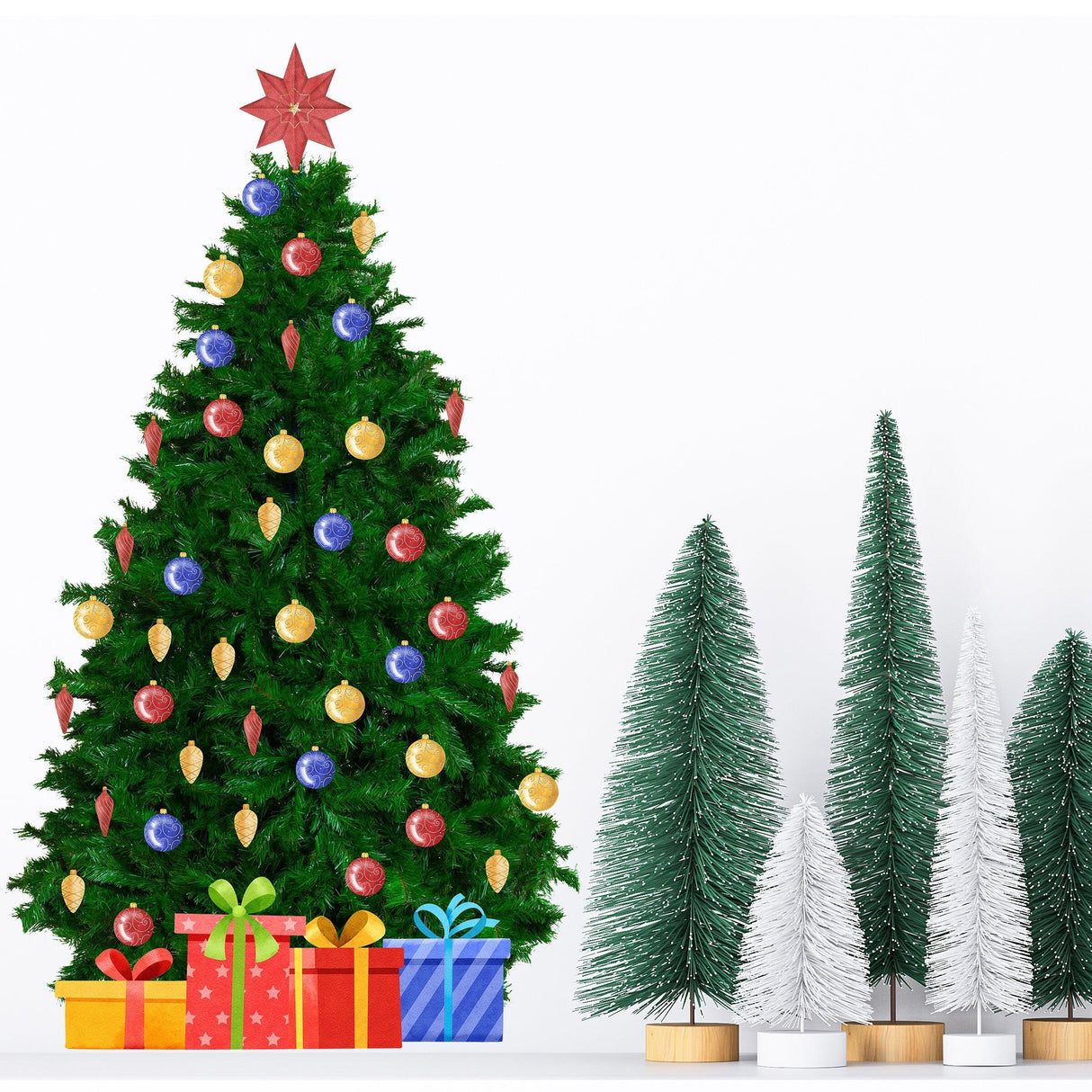 Large green Christmas tree wall sticker with colorful ornaments and gifts, perfect for festive living room decor.
