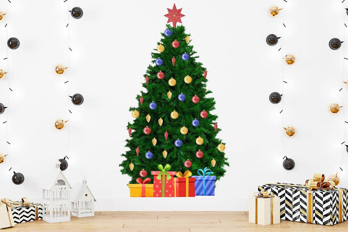 Large Christmas tree wall sticker with ornaments and gifts, perfect for holiday home decor.