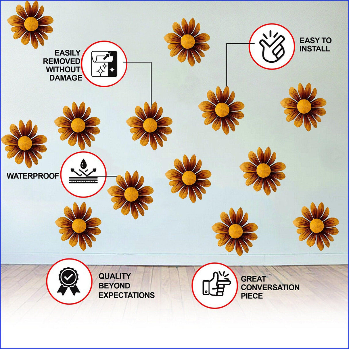 24 brown Boho daisy wall stickers on a wall with benefits like waterproof and easy to install.