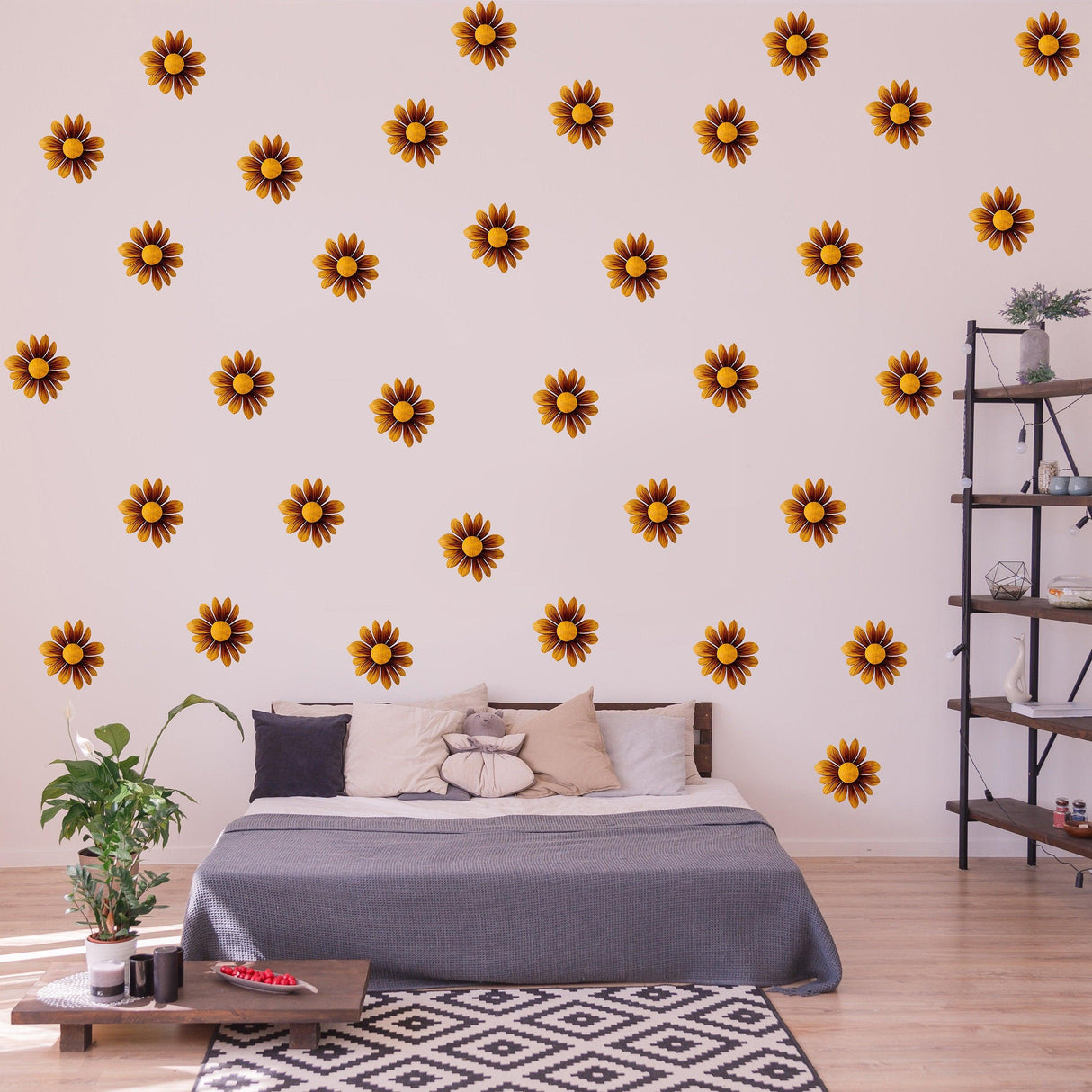 24 Boho Daisy wall stickers in a cozy room, featuring brown flower decals on the wall for stylish home decor.