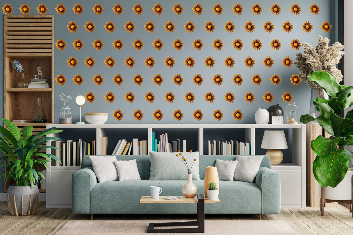 Cozy living room featuring 24x Boho Daisy wall stickers on a gray wall, enhancing bohemian decor with brown flower designs.