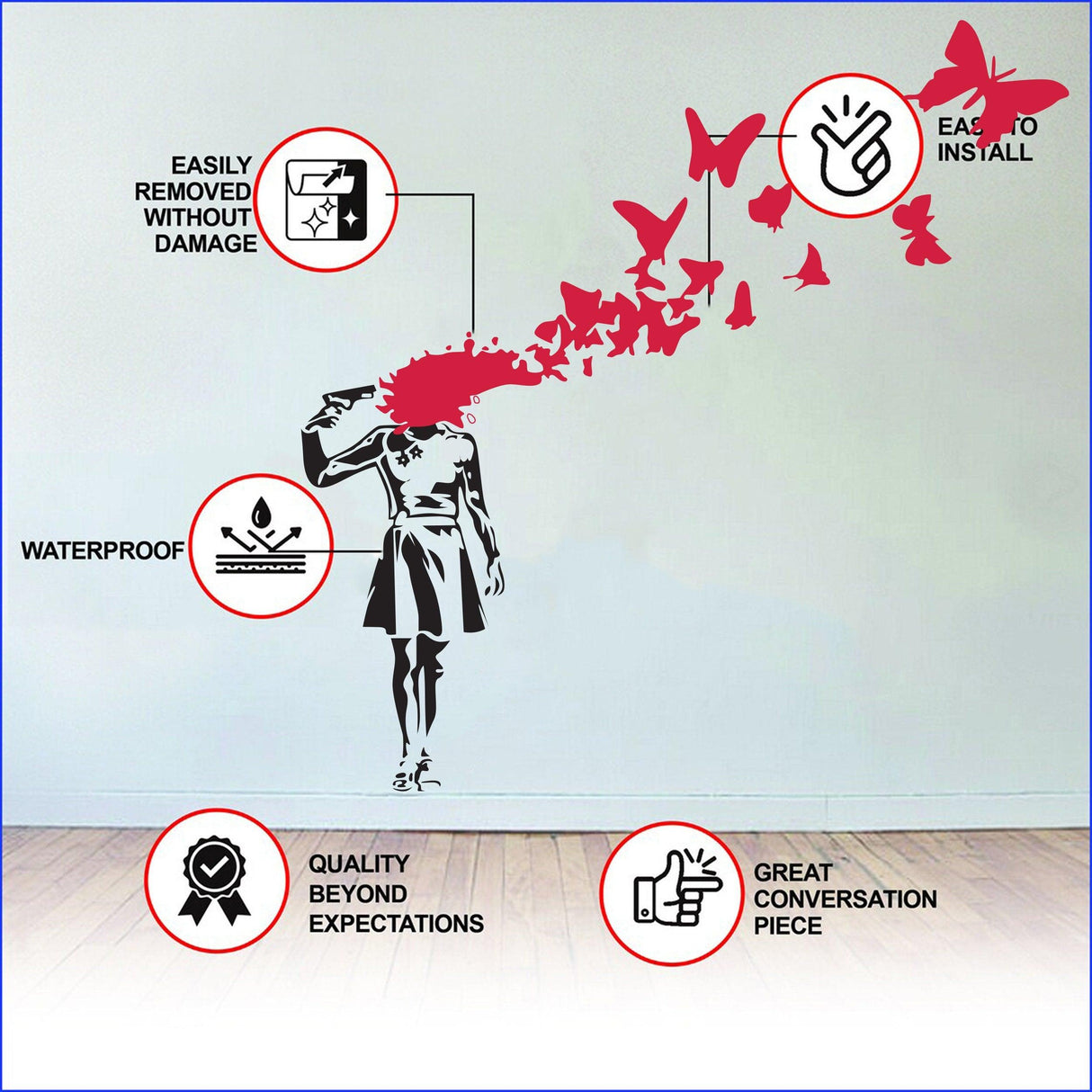 Banksy Suicide Girl wall decal features installation benefits: waterproof, easily removable, and high quality.