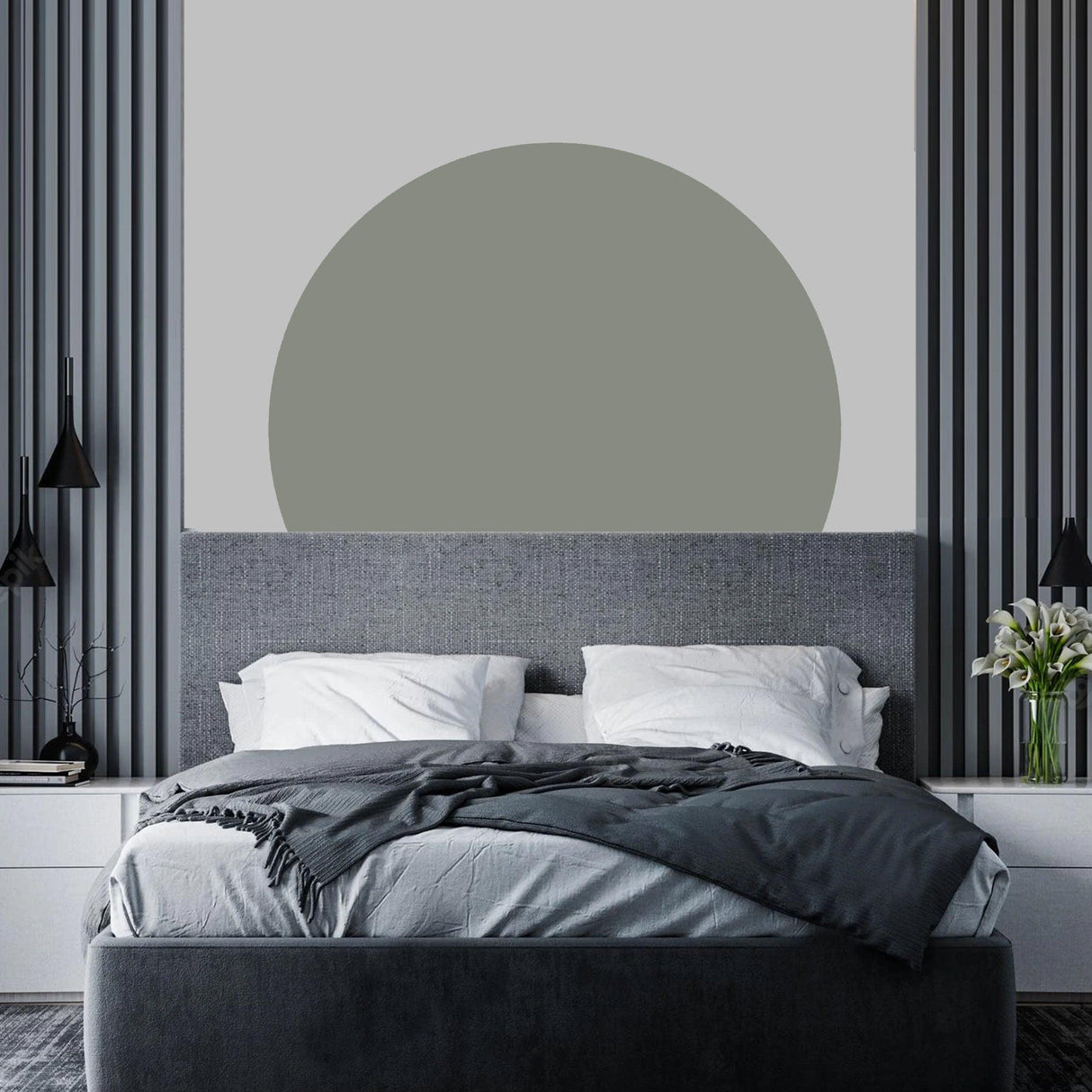 Scandinavian style circle wall decal on a modern bedroom wall, enhancing interior design and ambiance.