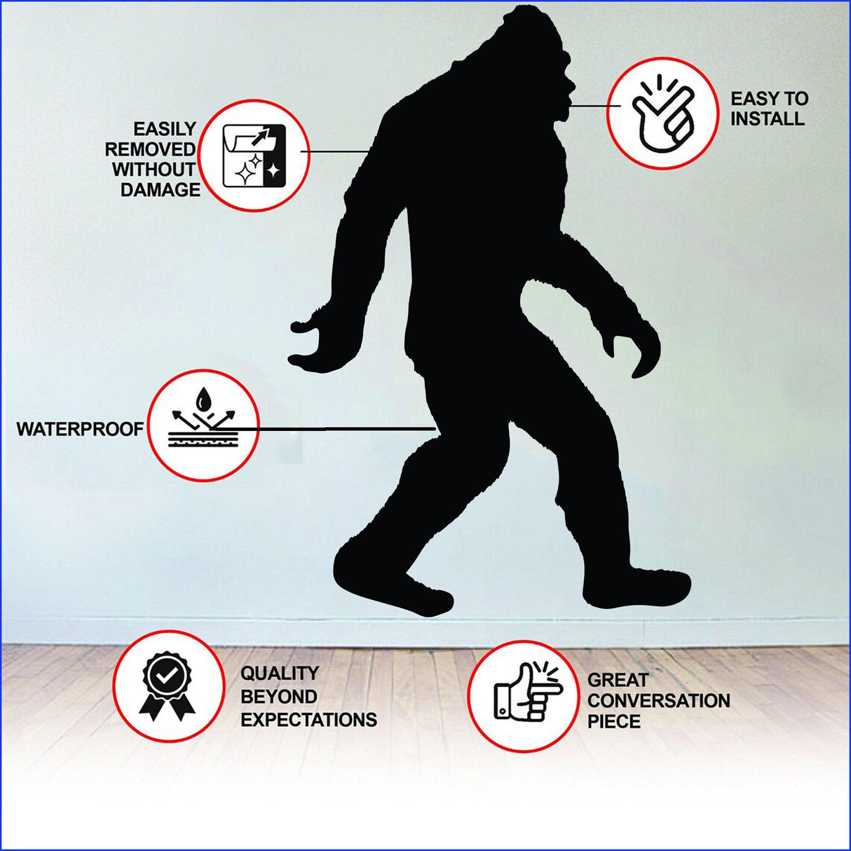 Bigfoot vinyl wall decal features, waterproof, easy to install, and removable, perfect for home decor.