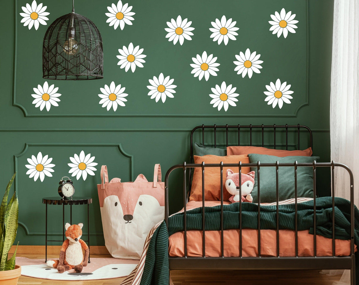 Stylish bedroom featuring 24 daisy wall decals on green walls, perfect for adding nature-themed decor.