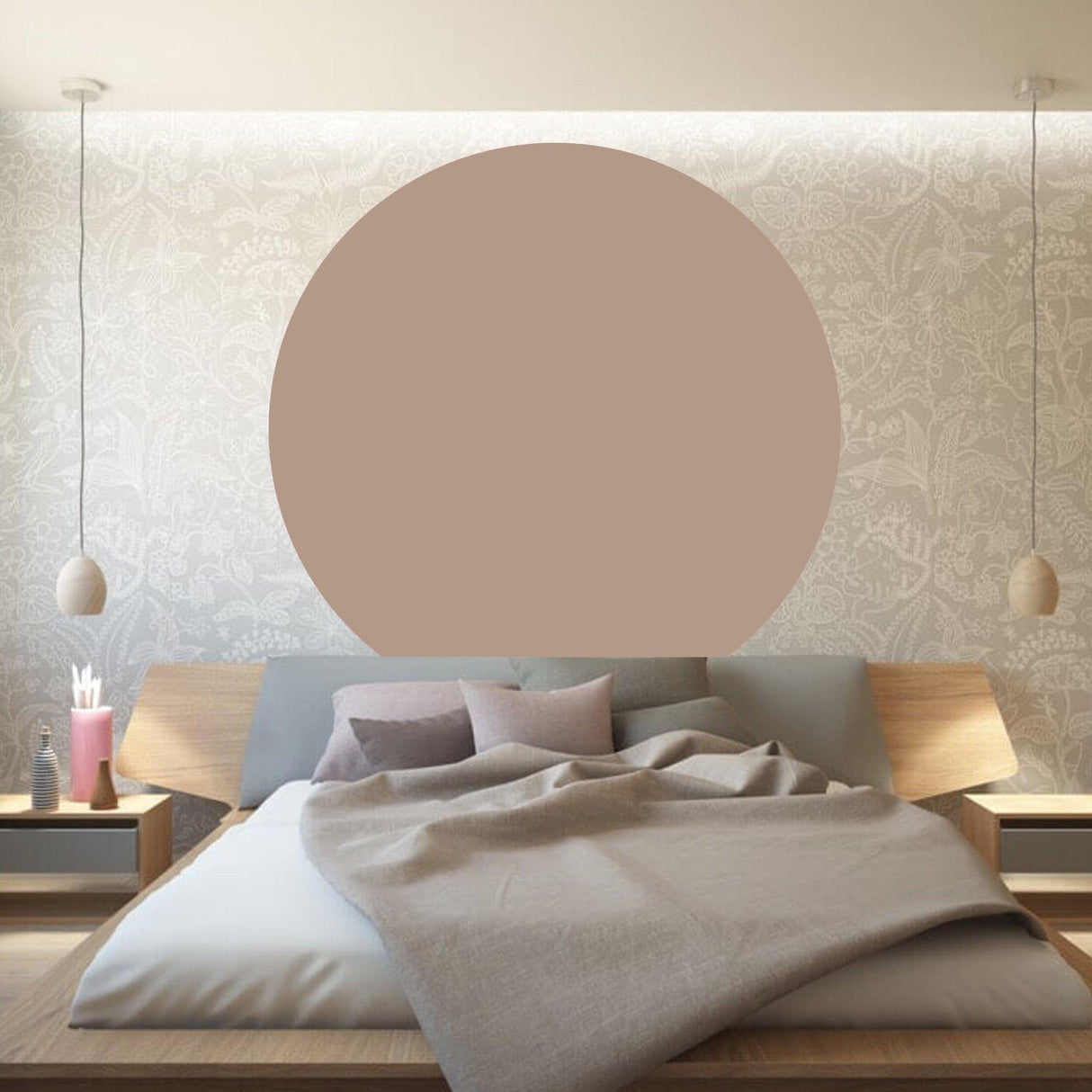 Circle Boho wall decal in modern bedroom setting, creating a stylish focal point above the bed.