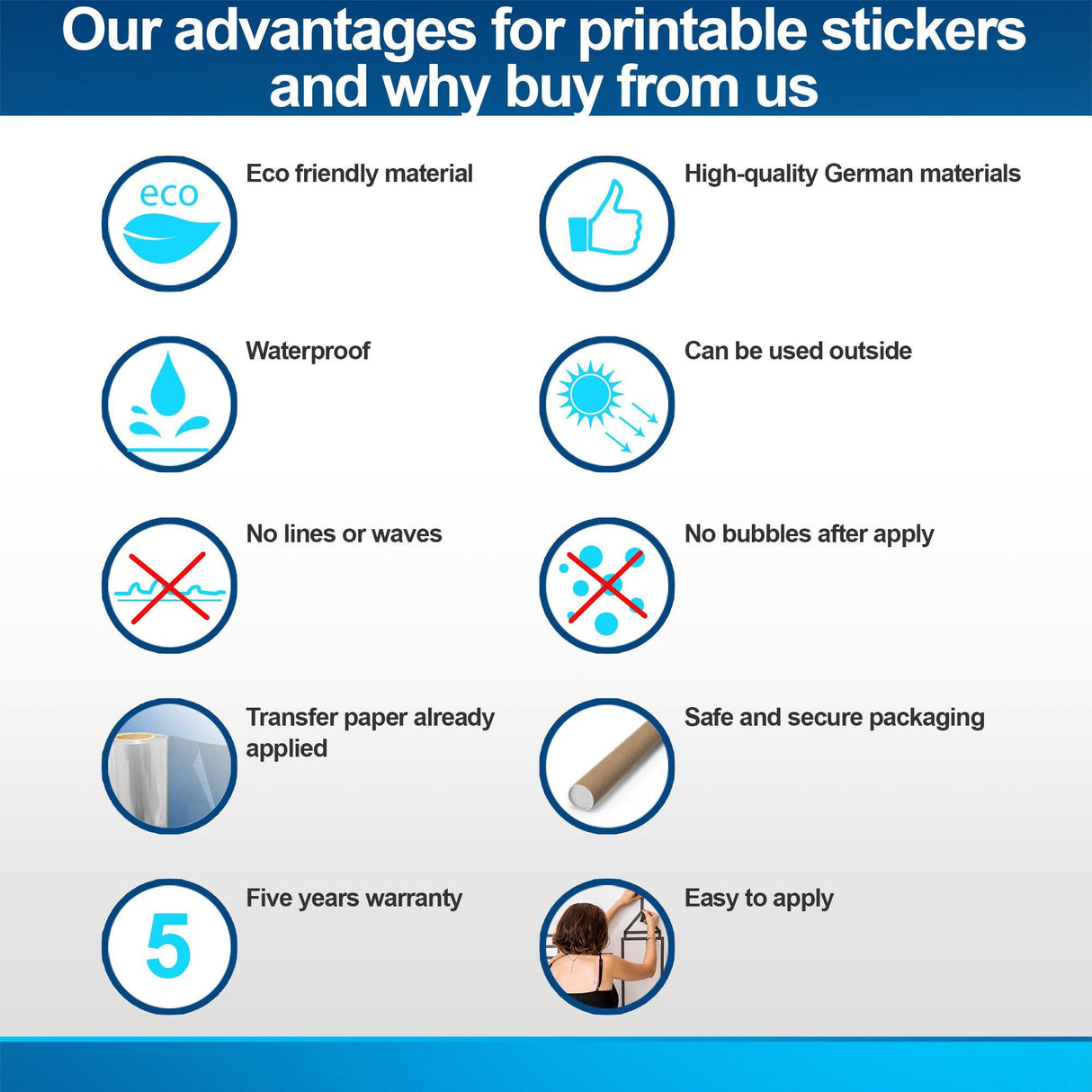 Advantages of printable stickers: eco-friendly, waterproof, easy to apply, high-quality materials, and 5-year warranty.