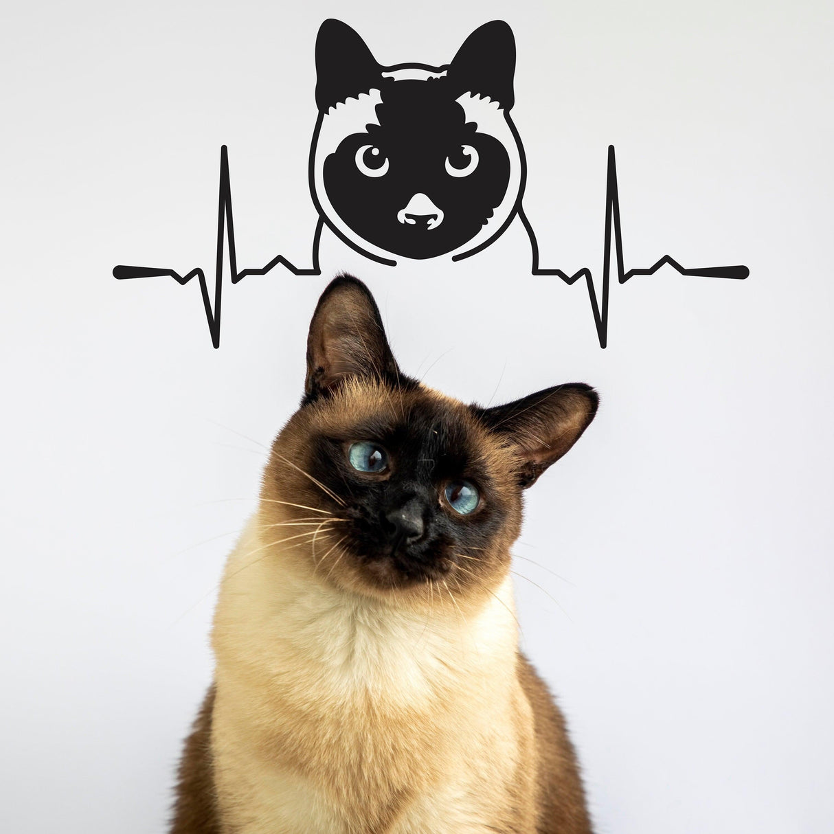 Siamese cat wall sticker design with heartbeat graphic, perfect for cat lovers' home decor.