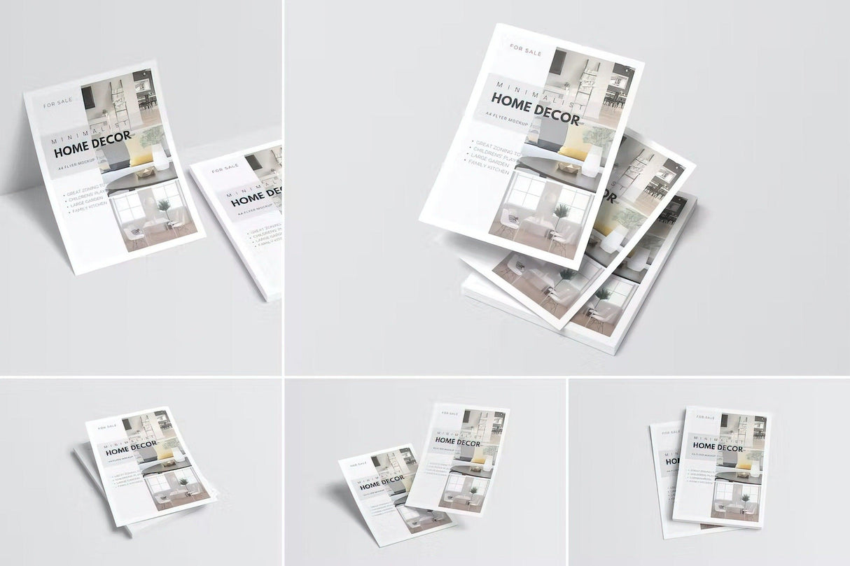 Custom printed flyers showcasing home decor designs in an elegant arrangement.