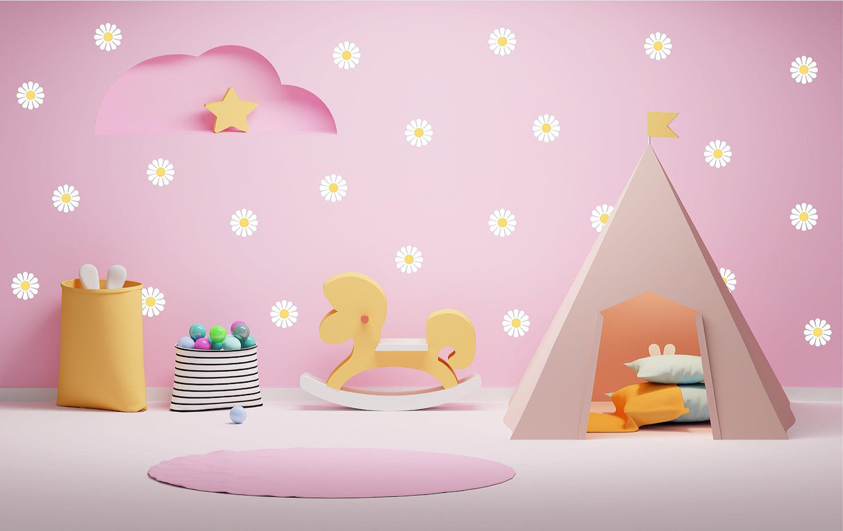 Colorful playroom featuring 24x daisy flower wall stickers on pink walls, with a rocking duck and a cozy tent.