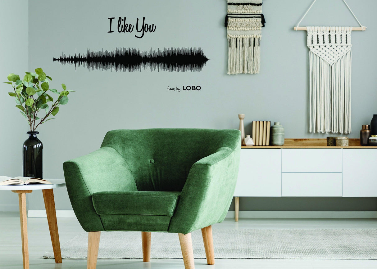 Custom sound wave art decal featuring 'I like You' song by Lobo in a stylish living room setting.
