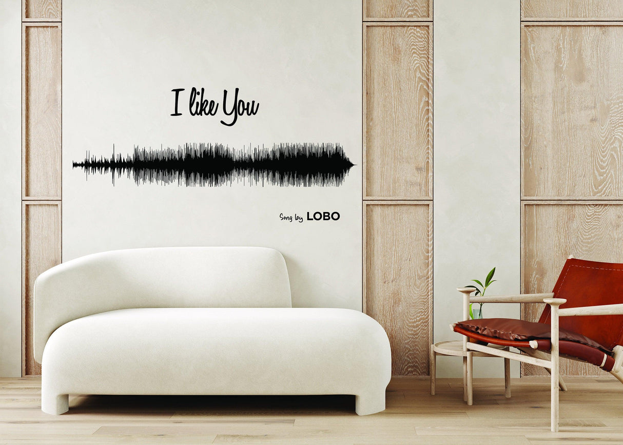 Custom soundwave wall art featuring 'I Like You' by Lobo in a modern living room setting.