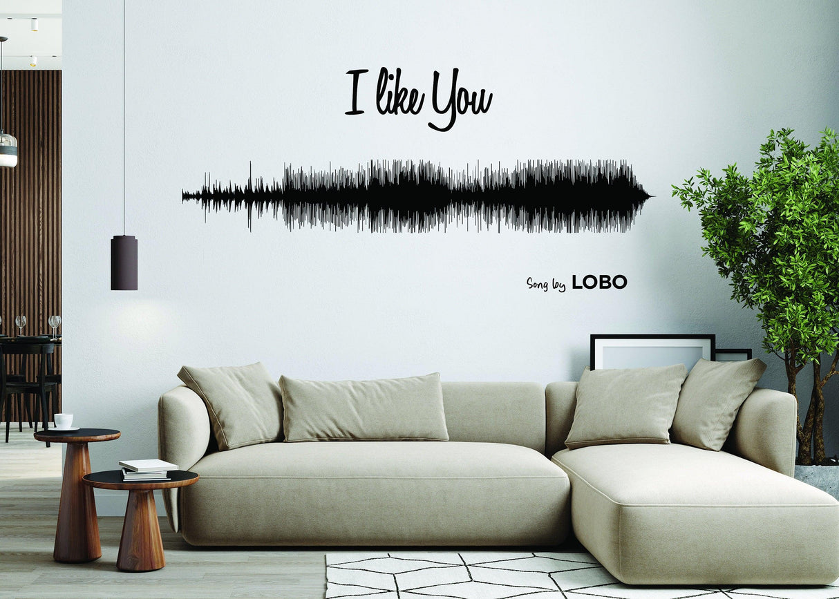 Custom soundwave wall decor showcasing 'I Like You' by Lobo, enhancing the modern living space.